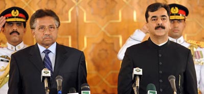 President Musharraf swearing in Yousaf Raza Gillani as Pakistan’s latest prime minister.
